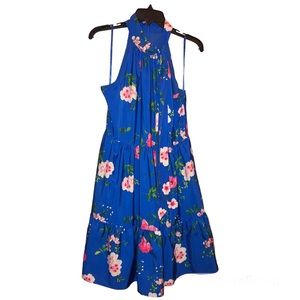 Eliza J Floral Halter High Neck Sleeveless Tiered Dress Blue Pink‎ 8